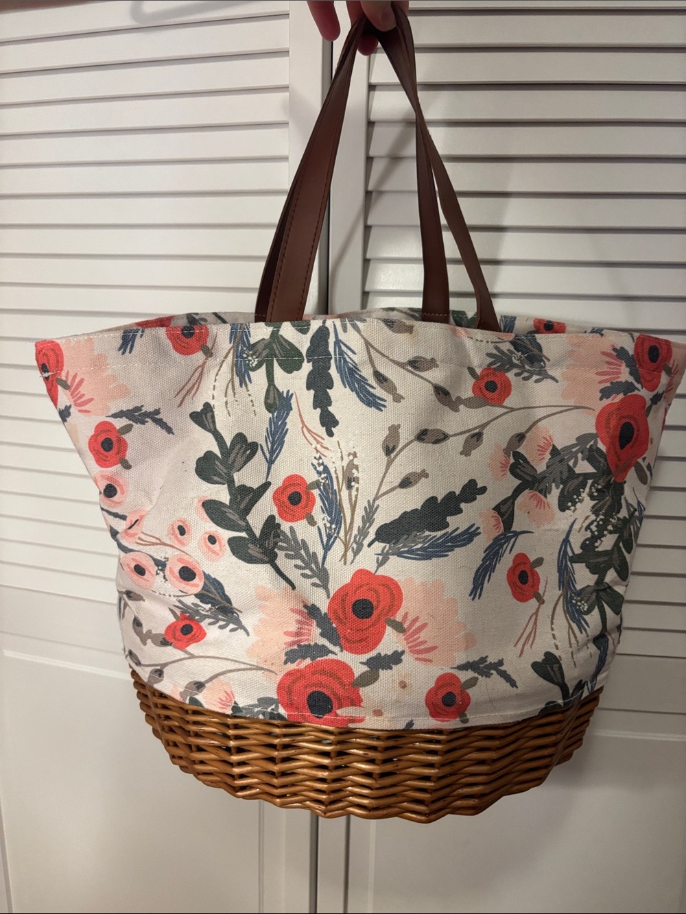 Floral Canvas Picnic Basket with Wicker Base and Brown Handles